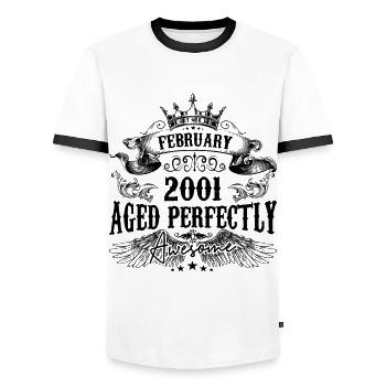 2001 | Februar Aged Perfectly 2001 Geburtstagsgeschenk - Männer Kontrast-T-Shirt - Weiß/Schwarz - Vorne - AI Model Female 172 light (172cm) & AI Model Male 178 dark (178cm)