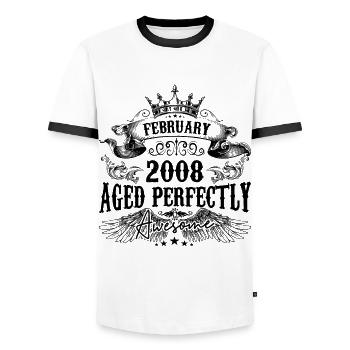 2008 | Februar Aged Perfectly 2008 Geburtstagsgeschenk - Männer Kontrast-T-Shirt - Weiß/Schwarz - Vorne - AI Model Female 172 light (172cm) & AI Model Male 178 dark (178cm)