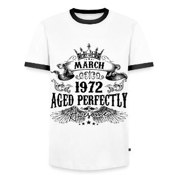 1972| März Aged Perfectly 1972 Geburtstagsgeschenk - Männer Kontrast-T-Shirt - Weiß/Schwarz - Vorne - AI Model Female 172 light (172cm) & AI Model Male 178 dark (178cm)