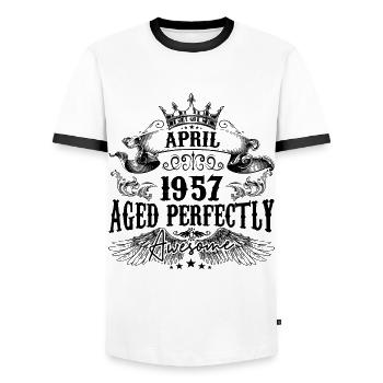 1957 | April Aged Perfectly 1957 Geburtstagsgeschenk - Männer Kontrast-T-Shirt - Weiß/Schwarz - Vorne - AI Model Female 172 light (172cm) & AI Model Male 178 dark (178cm)