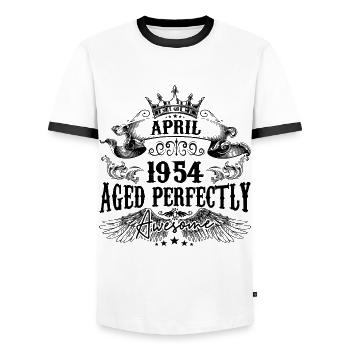 1954 | April Aged Perfectly 1954 Geburtstagsgeschenk - Männer Kontrast-T-Shirt - Weiß/Schwarz - Vorne - AI Model Female 172 light (172cm) & AI Model Male 178 dark (178cm)