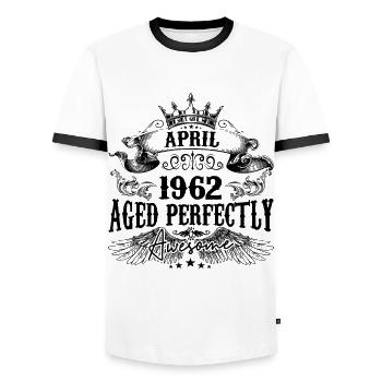 1962| April Aged Perfectly 1962 Geburtstagsgeschenk - Männer Kontrast-T-Shirt - Weiß/Schwarz - Vorne - AI Model Female 172 light (172cm) & AI Model Male 178 dark (178cm)