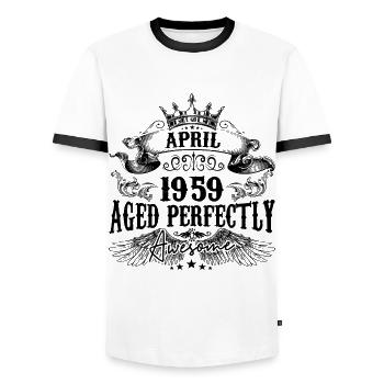 1959 | April Aged Perfectly 1959 Geburtstagsgeschenk - Männer Kontrast-T-Shirt - Weiß/Schwarz - Vorne - AI Model Female 172 light (172cm) & AI Model Male 178 dark (178cm)