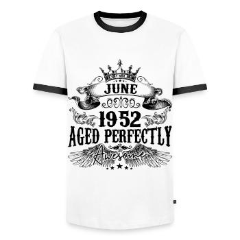 1952 | June Aged Perfectly 1952 Geburtstagsgeschenk - Männer Kontrast-T-Shirt - Weiß/Schwarz - Vorne - AI Model Female 172 light (172cm) & AI Model Male 178 dark (178cm)