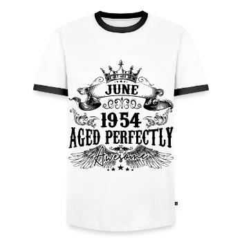1954 | June Aged Perfectly 1954 Geburtstagsgeschenk - Männer Kontrast-T-Shirt - Weiß/Schwarz - Vorne - AI Model Female 172 light (172cm) & AI Model Male 178 dark (178cm)