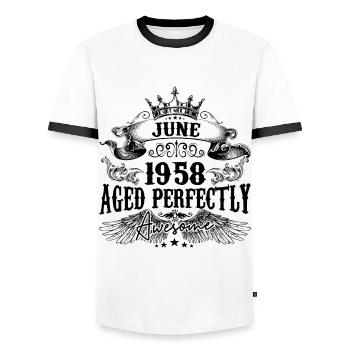1958| June Aged Perfectly 1958 Geburtstagsgeschenk - Männer Kontrast-T-Shirt - Weiß/Schwarz - Vorne - AI Model Female 172 light (172cm) & AI Model Male 178 dark (178cm)