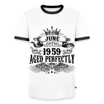 1959 | June Aged Perfectly 1959 Geburtstagsgeschenk - Männer Kontrast-T-Shirt - Weiß/Schwarz - Vorne - AI Model Female 172 light (172cm) & AI Model Male 178 dark (178cm)