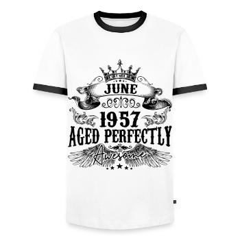 1957 | June Aged Perfectly 1957 Geburtstagsgeschenk - Männer Kontrast-T-Shirt - Weiß/Schwarz - Vorne - AI Model Female 172 light (172cm) & AI Model Male 178 dark (178cm)