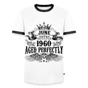 1960| June Aged Perfectly 1960 Geburtstagsgeschenk - Männer Kontrast-T-Shirt - Weiß/Schwarz - Vorne - AI Model Female 172 light (172cm) & AI Model Male 178 dark (178cm)