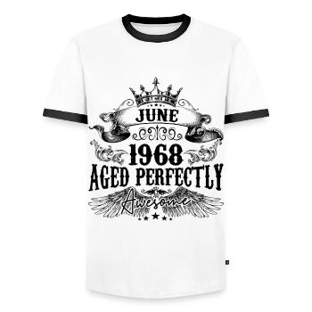 1968 | June Aged Perfectly 1968 Geburtstagsgeschenk - Männer Kontrast-T-Shirt - Weiß/Schwarz - Vorne - AI Model Female 172 light (172cm) & AI Model Male 178 dark (178cm)
