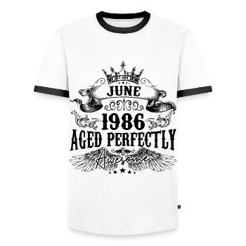 1986 | June Aged Perfectly 1986 birthday gift - Men's Ringer Shirt - white/black - Front - AI Model Female 172 light (172cm) & AI Model Male 178 dark (178cm)