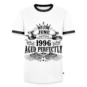 1996 | June Aged Perfectly 1996 Geburtstagsgeschenk - Männer Kontrast-T-Shirt - Weiß/Schwarz - Vorne - AI Model Female 172 light (172cm) & AI Model Male 178 dark (178cm)