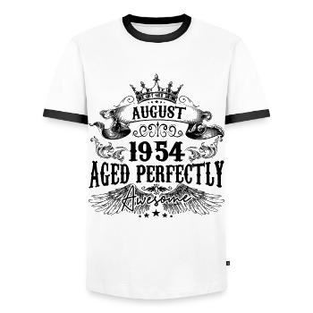 1954 | August Aged Perfectly 1954 Geburtstagsgeschenk - Männer Kontrast-T-Shirt - Weiß/Schwarz - Vorne - AI Model Female 172 light (172cm) & AI Model Male 178 dark (178cm)