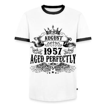 1957 | August Aged Perfectly 1957 Geburtstagsgeschenk - Männer Kontrast-T-Shirt - Weiß/Schwarz - Vorne - AI Model Female 172 light (172cm) & AI Model Male 178 dark (178cm)