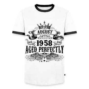 1958| August Aged Perfectly 1958 Geburtstagsgeschenk - Männer Kontrast-T-Shirt - Weiß/Schwarz - Vorne - AI Model Female 172 light (172cm) & AI Model Male 178 dark (178cm)