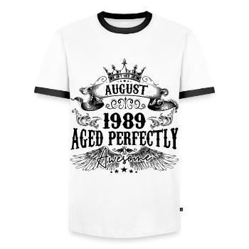 1989 | August 1989 Geburtstag Perfekt gealtert - Männer Kontrast-T-Shirt - Weiß/Schwarz - Vorne - AI Model Female 172 light (172cm) & AI Model Male 178 dark (178cm)