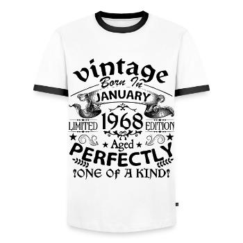 Janvier 1968 | Vintage 1968 | né en Janvier - T-shirt contrasté Homme - blanc/noir - Devant - AI Model Female 172 light (172cm) & AI Model Male 178 dark (178cm)
