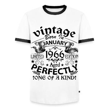 January 1966| Vintage 1966 | born in January - Men's Ringer Shirt - white/black - Front - AI Model Female 172 light (172cm) & AI Model Male 178 dark (178cm)