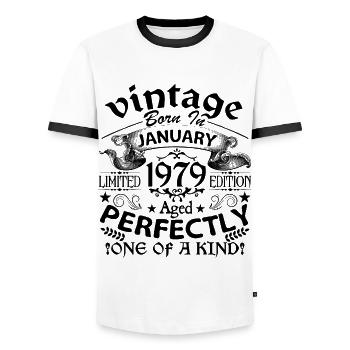 Januar 1979| Jahrgang 1979 | geboren im Januar - Männer Kontrast-T-Shirt - Weiß/Schwarz - Vorne - AI Model Female 172 light (172cm) & AI Model Male 178 dark (178cm)