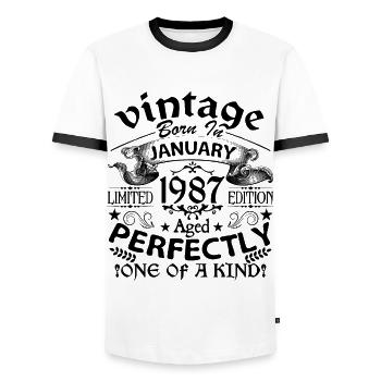 Januar 1987| Jahrgang 1987 | geboren im Januar - Männer Kontrast-T-Shirt - Weiß/Schwarz - Vorne - AI Model Female 172 light (172cm) & AI Model Male 178 dark (178cm)
