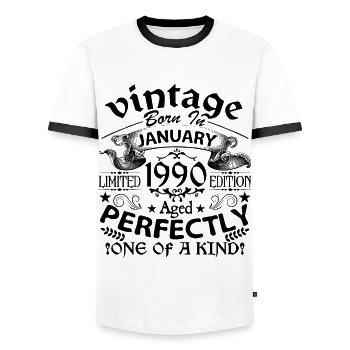 Januar 1990| Jahrgang 1990 | geboren im Januar - Männer Kontrast-T-Shirt - Weiß/Schwarz - Vorne - AI Model Female 172 light (172cm) & AI Model Male 178 dark (178cm)