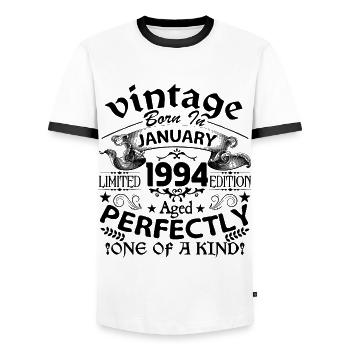 Janvier 1994 | Vintage 1994 | né en Janvier - T-shirt contrasté Homme - blanc/noir - Devant - AI Model Female 172 light (172cm) & AI Model Male 178 dark (178cm)