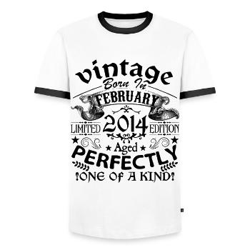 Februar 2014 | Jahrgang 2014 | geboren im Februar - Männer Kontrast-T-Shirt - Weiß/Schwarz - Vorne - AI Model Female 172 light (172cm) & AI Model Male 178 dark (178cm)
