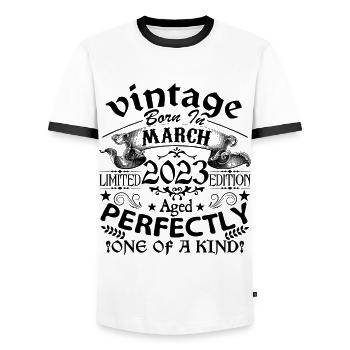 March 2023| Vintage 2023 | born in March - Men's Ringer Shirt - white/black - Front - AI Model Female 172 light (172cm) & AI Model Male 178 dark (178cm)