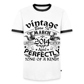 März 2014 | Jahrgang 2014 | geboren im März - Männer Kontrast-T-Shirt - Weiß/Schwarz - Vorne - AI Model Female 172 light (172cm) & AI Model Male 178 dark (178cm)