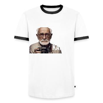 Unterschätze niemals einen alten Mann mit Kamera - Männer Kontrast-T-Shirt - Weiß/Schwarz - Vorne - AI Model Female 172 light (172cm) & AI Model Male 178 dark (178cm)