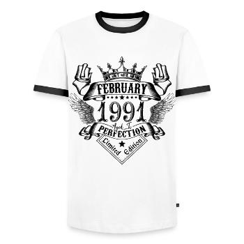 Vintage Février 1991 Février 1991 né en Février - T-shirt contrasté Homme - blanc/noir - Devant - AI Model Female 172 light (172cm) & AI Model Male 178 dark (178cm)