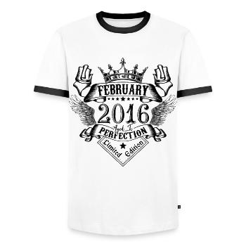 Vintage February 2016 February 2016 born in February - Men's Ringer Shirt - white/black - Front - AI Model Female 172 light (172cm) & AI Model Male 178 dark (178cm)