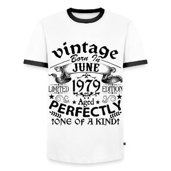 Juni 1979| Jahrgang 1979 | geboren im Juni - Männer Kontrast-T-Shirt - Weiß/Schwarz - Vorne - AI Model Female 172 light (172cm) & AI Model Male 178 dark (178cm)