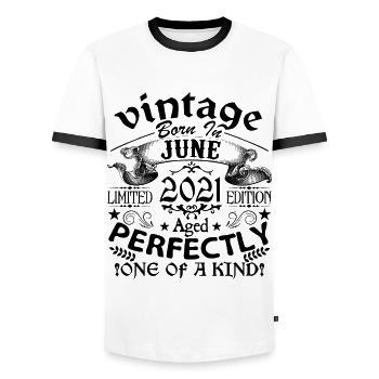 June 2021 | Vintage 2021 | born in June - Men's Ringer Shirt - white/black - Front - AI Model Female 172 light (172cm) & AI Model Male 178 dark (178cm)