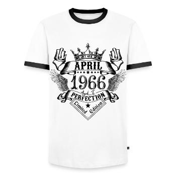 Vintage April 1966 April 1966 born in April - Men's Ringer Shirt - white/black - Front - AI Model Female 172 light (172cm) & AI Model Male 178 dark (178cm)