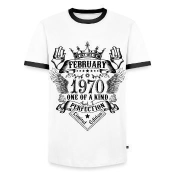 Anniversaire Février 1970 né en Février 1970 - T-shirt contrasté Homme - blanc/noir - Devant - AI Model Female 172 light (172cm) & AI Model Male 178 dark (178cm)