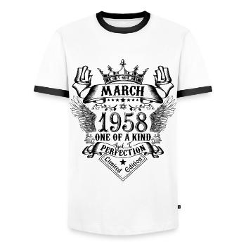 Geburtstag März 1958 geboren im März 1958 - Männer Kontrast-T-Shirt - Weiß/Schwarz - Vorne - AI Model Female 172 light (172cm) & AI Model Male 178 dark (178cm)