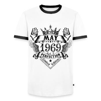 Vintage Mai 1969 Mai 1969 né en Mai - T-shirt contrasté Homme - blanc/noir - Devant - AI Model Female 172 light (172cm) & AI Model Male 178 dark (178cm)