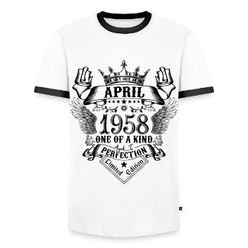 Geburtstag April 1958 geboren im April 1958 - Männer Kontrast-T-Shirt - Weiß/Schwarz - Vorne - AI Model Female 172 light (172cm) & AI Model Male 178 dark (178cm)