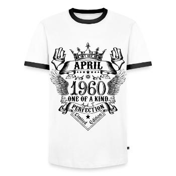 Anniversaire Avril 1960 né en Avril 1960 - T-shirt contrasté Homme - blanc/noir - Devant - AI Model Female 172 light (172cm) & AI Model Male 178 dark (178cm)