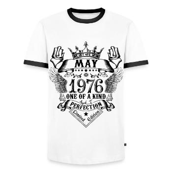 Birthday May 1976 born in May 1976 - Men's Ringer Shirt - white/black - Front - AI Model Female 172 light (172cm) & AI Model Male 178 dark (178cm)