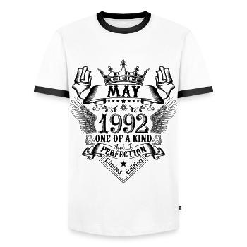 Birthday May 1992 born in May 1992 - Men's Ringer Shirt - white/black - Front - AI Model Female 172 light (172cm) & AI Model Male 178 dark (178cm)