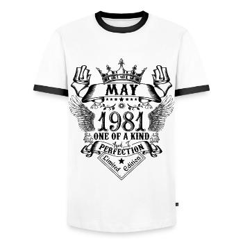 Anniversaire Mai 1981 né en Mai 1981 - T-shirt contrasté Homme - blanc/noir - Devant - AI Model Female 172 light (172cm) & AI Model Male 178 dark (178cm)