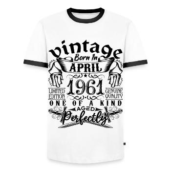 Geburtstag 1961 April 1961! geboren im April 1961 - Männer Kontrast-T-Shirt - Weiß/Schwarz - Vorne - AI Model Female 172 light (172cm) & AI Model Male 178 dark (178cm)