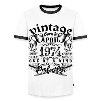 Anniversaire 1974 Avril 1974 ! né en Avril 1974 - T-shirt contrasté Homme - blanc/noir - Devant - AI Model Female 172 light (172cm) & AI Model Male 178 dark (178cm)