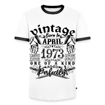 Anniversaire 1973 Avril 1973 ! né en Avril 1973 - T-shirt contrasté Homme - blanc/noir - Devant - AI Model Female 172 light (172cm) & AI Model Male 178 dark (178cm)
