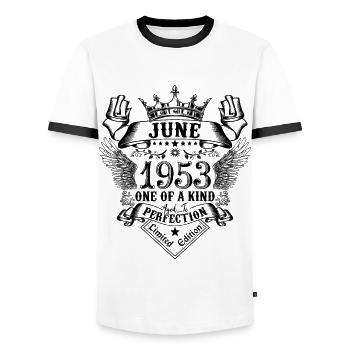 Anniversaire Juin 1953 né en Juin 1953 - T-shirt contrasté Homme - blanc/noir - Devant - AI Model Female 172 light (172cm) & AI Model Male 178 dark (178cm)