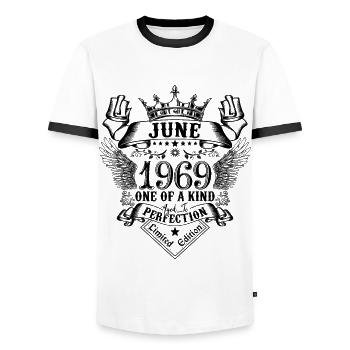 Geburtstag Juni 1969 geboren im Juni 1969 - Männer Kontrast-T-Shirt - Weiß/Schwarz - Vorne - AI Model Female 172 light (172cm) & AI Model Male 178 dark (178cm)