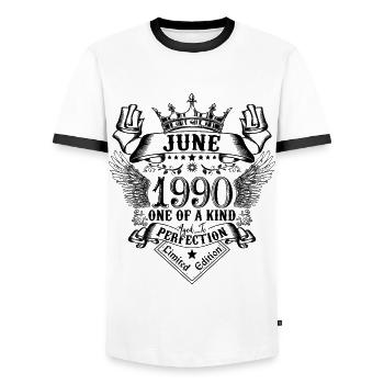 Anniversaire Juin 1990 né en Juin 1990 - T-shirt contrasté Homme - blanc/noir - Devant - AI Model Female 172 light (172cm) & AI Model Male 178 dark (178cm)