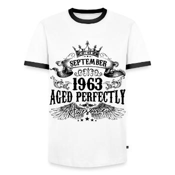 Anniversaire 1963 Septembre 1963 né en Septembre - T-shirt contrasté Homme - blanc/noir - Devant - AI Model Female 172 light (172cm) & AI Model Male 178 dark (178cm)